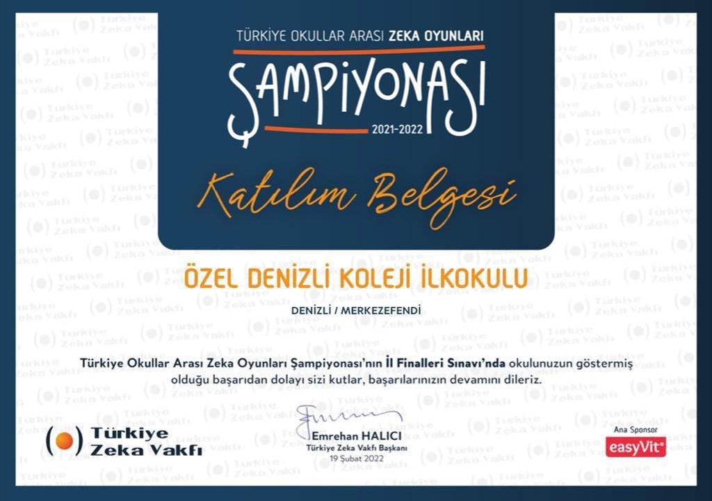Türkiye Zeka Vakfı tarafından düzenlenen “Türkiye Okullar Arası Zeka Oyunları Şampiyonası” nda büyük başarı.